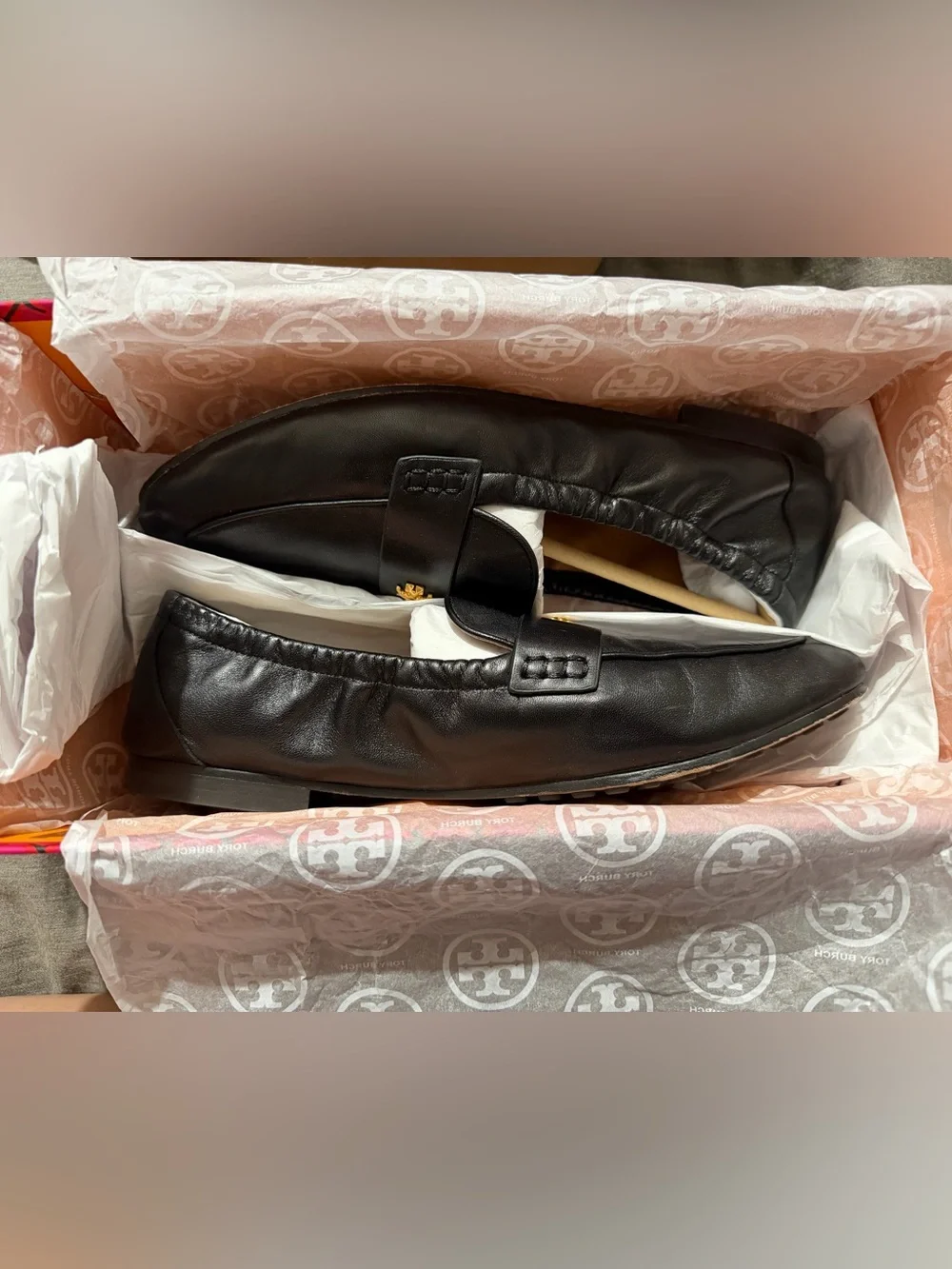 Tory Burch Black Leather Slip-On Loafers with Gold Emblem